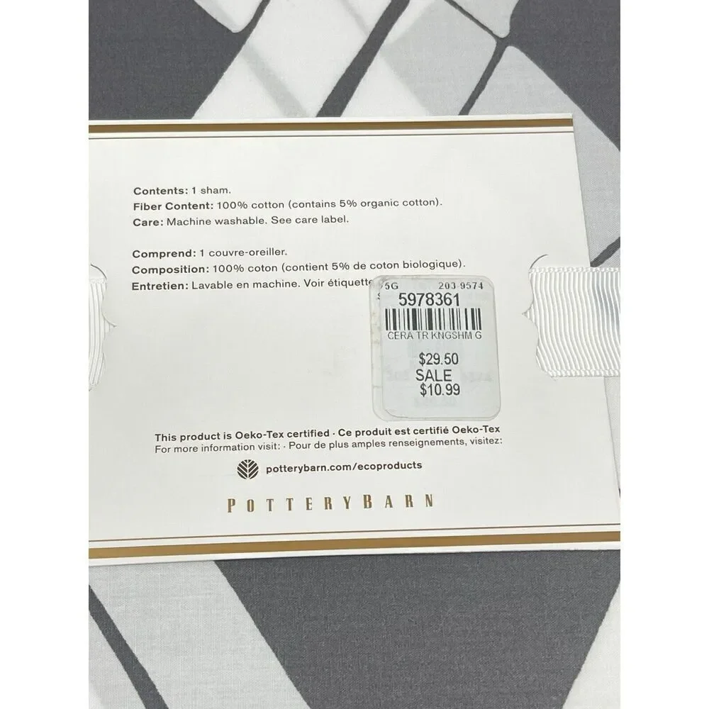 NWT POTTERY BARN CERA TRELLIS Gray White Cotton Bamboo Print King Pillow Sham